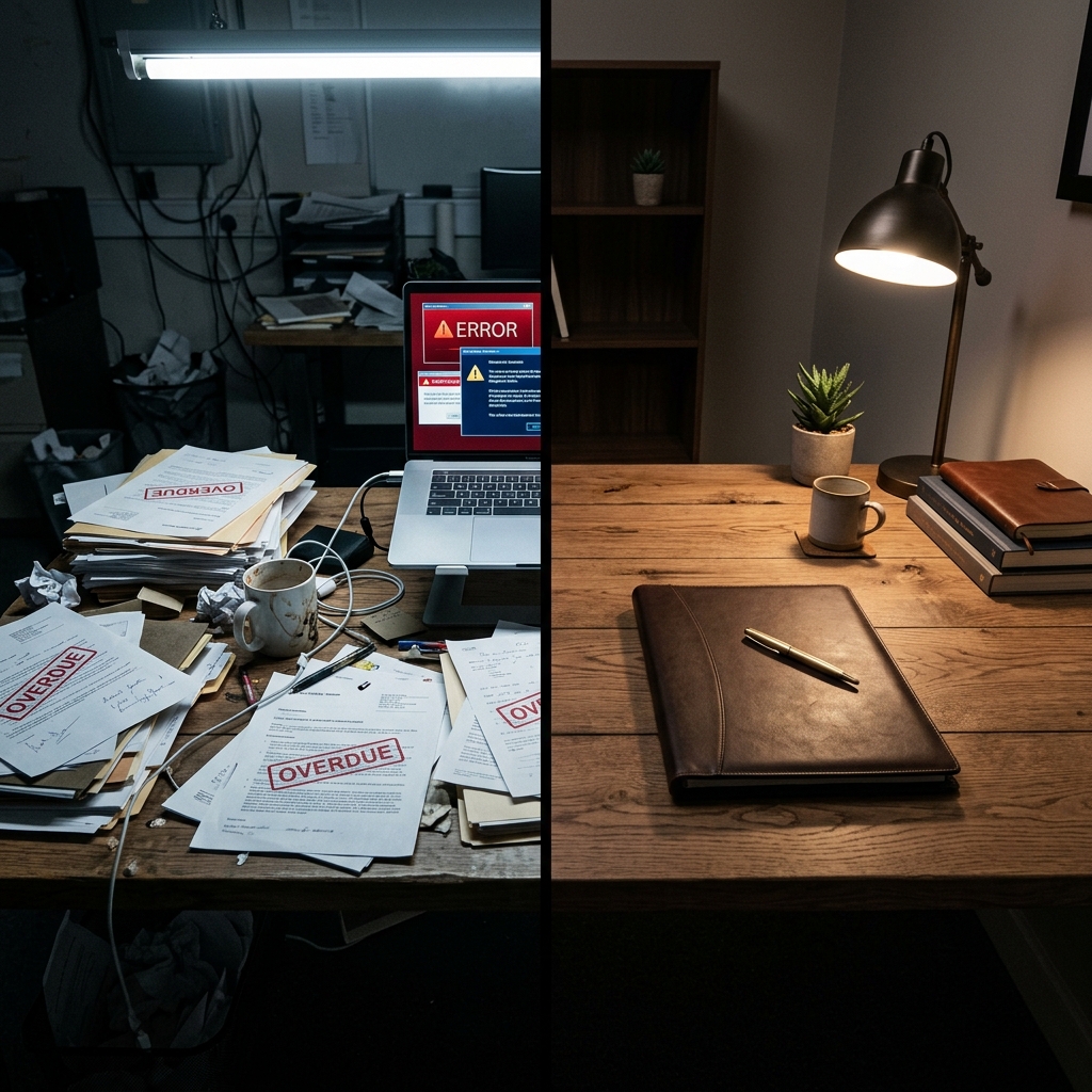 Chaotic desk vs organized compliance